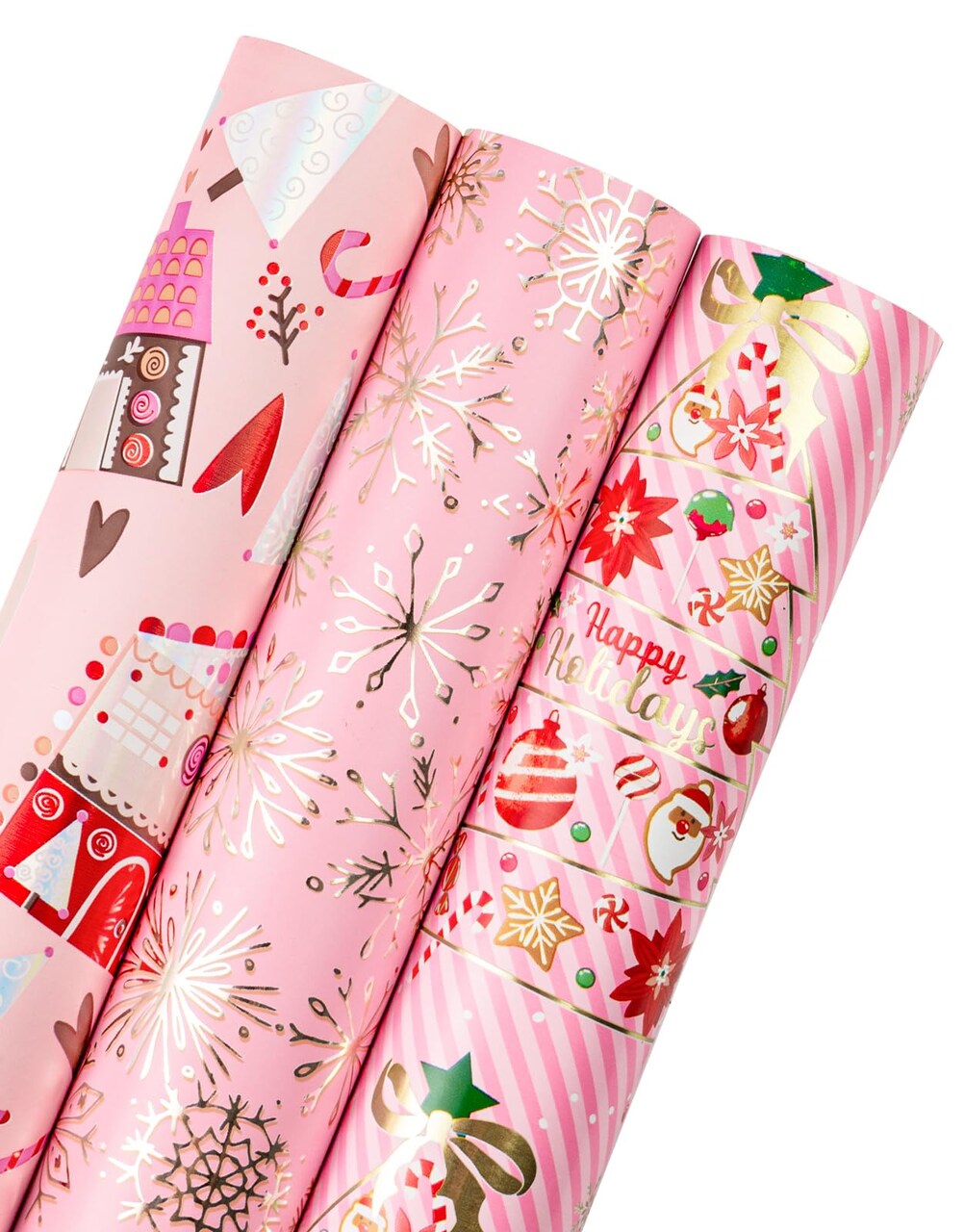 Christmas Wrapping Paper Roll - Mini Roll - 3 Rolls - 17 Inch X 120 Inch Per Roll - Pink Christmas tree, House, Snowflake Holiday Collection